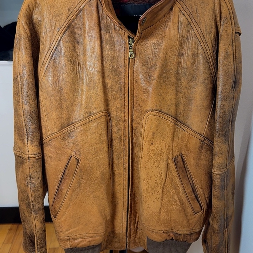 Context Tan Leather Bomber Jacket